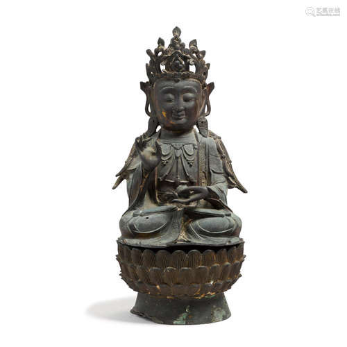 A BRONZE FIGURE OF A BODHISATTVA AND A LOTUS THRONE  Ming dynasty