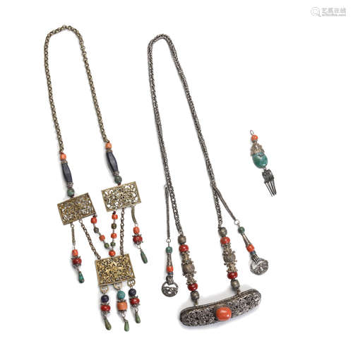 Two metal alloy and precious stone necklaces  Late Qing/Republic Period