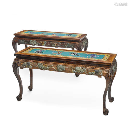 A Pair of Cloisonne and Hardstone mounted side tables  20th century