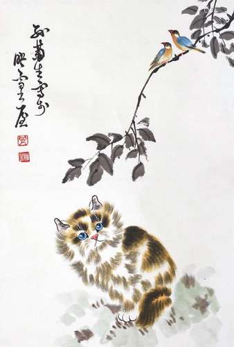 孙菊生款  猫趣图  立轴