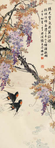 1901-？ 张天奇 紫藤飞燕 立轴 设色纸本