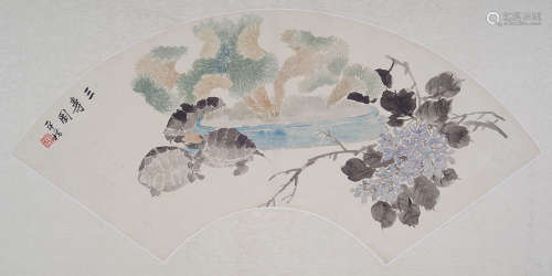 1841-1901 舒浩 三寿图 扇片 设色纸本
