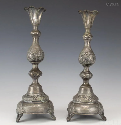 Pair Russian 84 Silver Grape Repousse Candlesticks