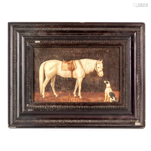 Antique Equestrian Horse & Dog Oil, Panel Painting