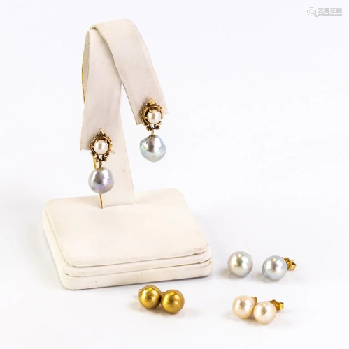 Lot 4 Pairs 14k Gold, Pearl Stud & Dangle Earrings