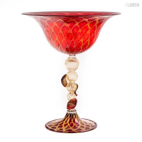 Venetian Italian Art Glass Red Gold Footed Compote