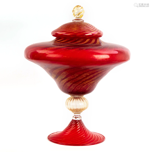 Venetian Glass Red Gold Fleck Pedestal Dish 20