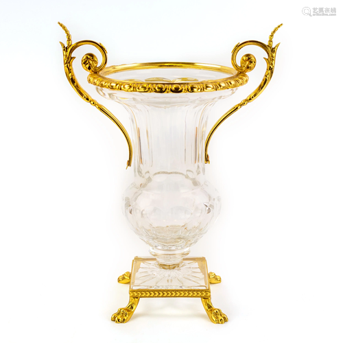 Continental Gold Gilt Ormolu Cut Crystal Urn Vase