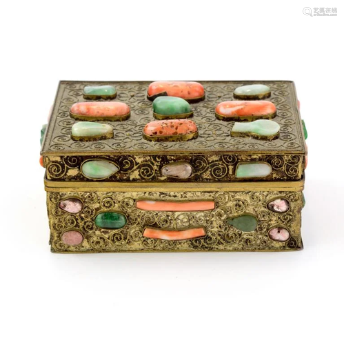 Chinese Gilt Filigree Coral & Jade Gemstone Box