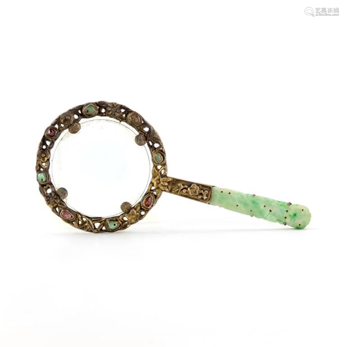 Antique Chinese Silver Jade & Gem Magnifying Glass