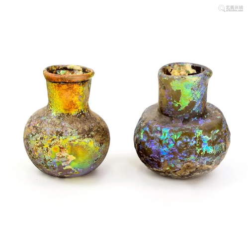 2 Ancient Roman Iridescent Blown Glass Vases L…