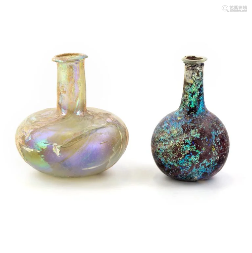 2 Ancient Roman Iridescent Blown Glass Bottles …