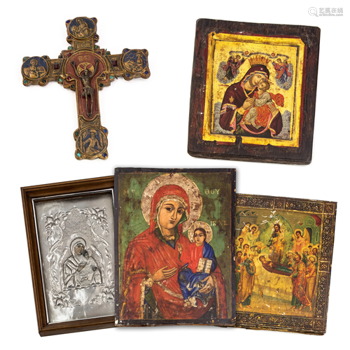 LOT of Five Russian Icon Type Religious Artworks