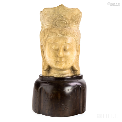 Chinese Carved Marble Stone Quan Yin Bust & Stand