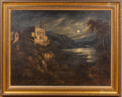 Antique European Moonlit Landscape Oil Painting