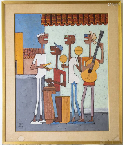 Modernist Figural Music Street Scene Oil Painting