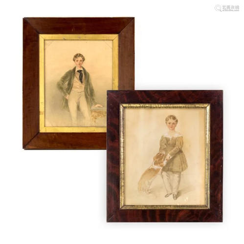 Antique 18th/19th C Boy & Girl Watercolor Painting