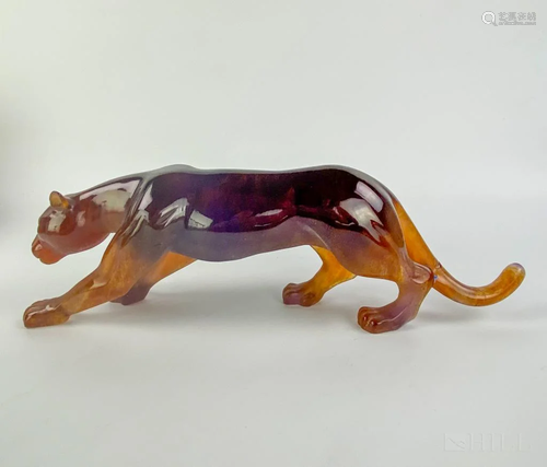 Daum French Art Glass Pate de Verre Amber Panther