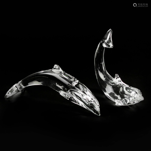 2 Signed BACCARAT French Crystal Dolphin Figurines