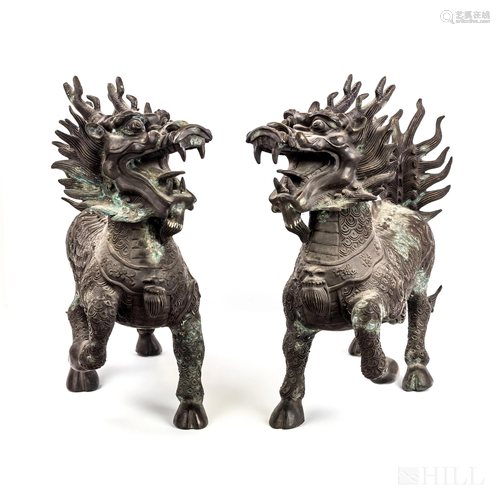 Pr Republic Era Chinese Bronze Qilin Kirin Statues