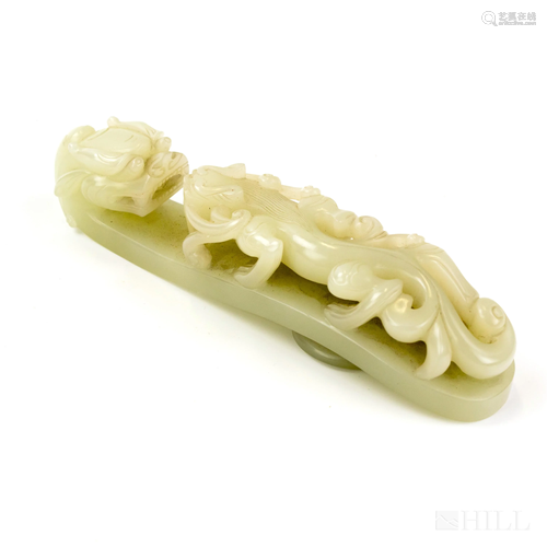 Chinese Carved White Jade Archaic Dragon Belt Hook