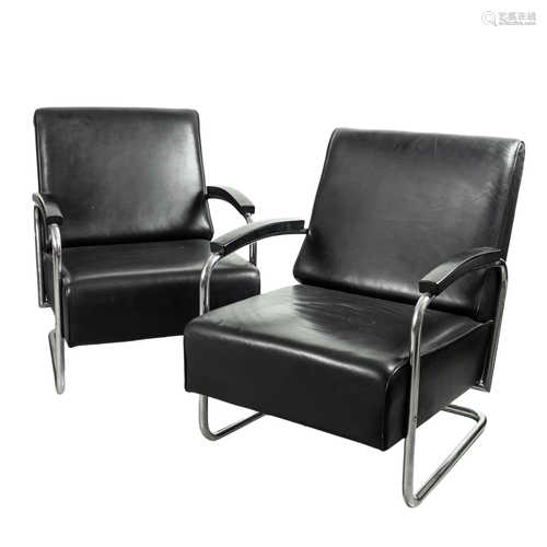 2 Kem Weber Style Tube Steel Leather Club Chairs