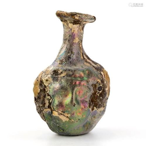 Ancient Roman Iridescent Glass Face Flask Bottle