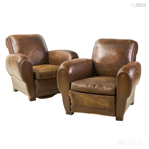 Pair Art Deco Distressed Leather Club Arm Chairs