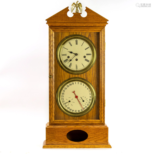 Solid Oak Cased Calendar Dual Dial Mantle Clock