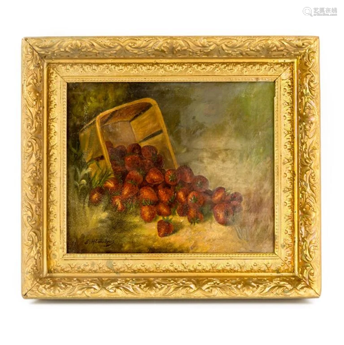 19th C Strawberries Still Life Oil Painting SIGNED