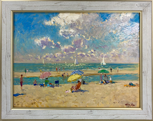 Niek Van Der Plas B.1954 Beach Scene Oil Paint…