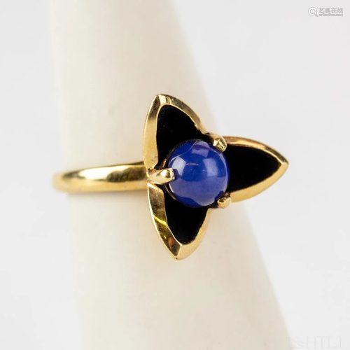 14k Gold Blue Star Sapphire Floral Modernist Ring