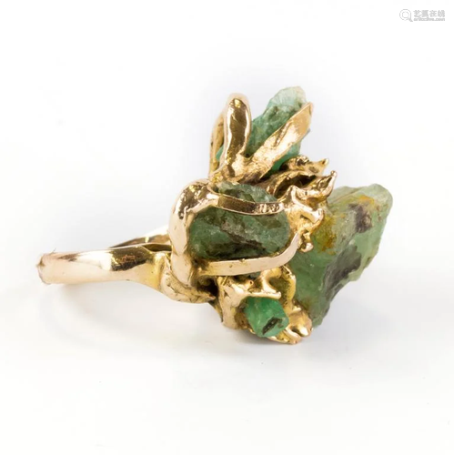 14k Gold Brutalist Green Beryl Gemstone Ring S 6.5