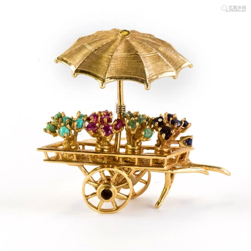 14k Gold Flower Cart Ruby Emerald Sapphire Pin VTG