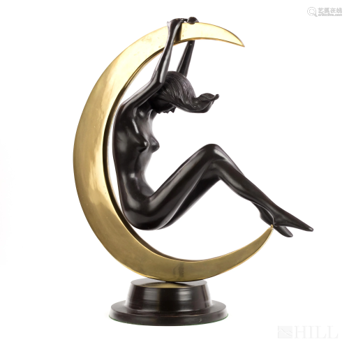 Bronze Nude Woman & Crescent Moon Art Sculpture