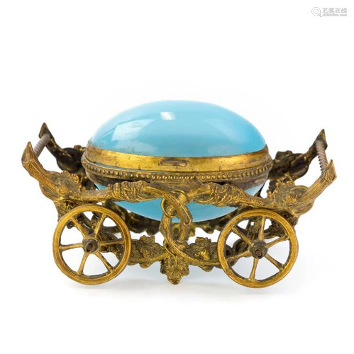 French Blue Dore Bronze Opaline Egg Carriage Box