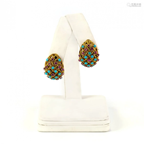 VTG Retro 18k Gold Natural Ruby Turquoise Earrings