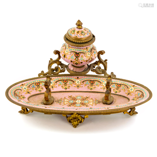 French Pink Jeweled Enamel Bronze Pen Rest Inkwell