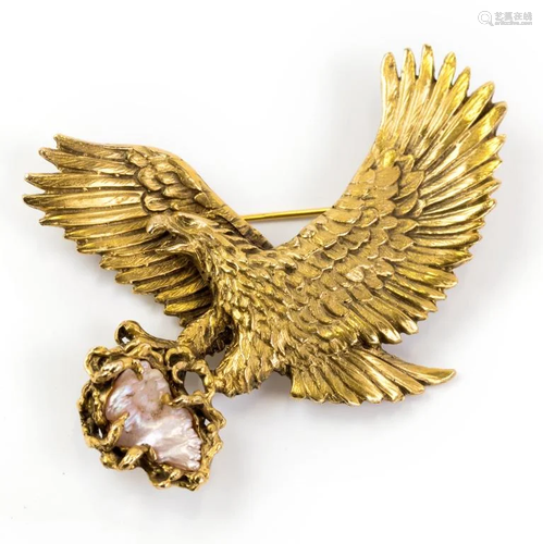 14k Gold American Bald Eagle & Pearl Brooch Pin