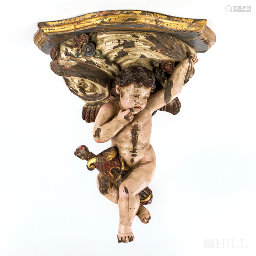 Old Continental Carved Wood Putti Corbel Sconce