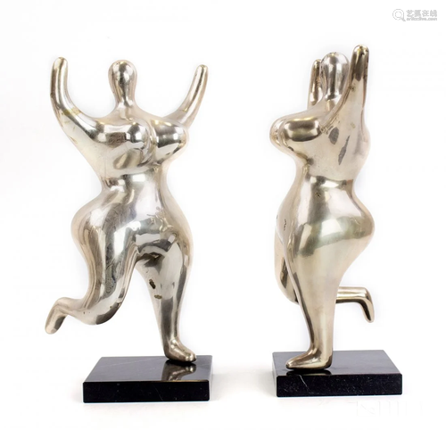 Modern Pair Silvered Nude Dancing Ladies Sculpture