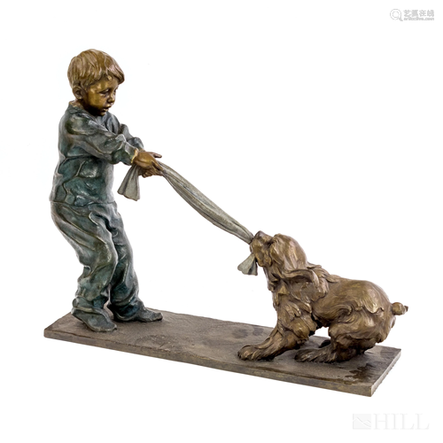 D.Holly Signed Boy And Dog Cast Bronze Sculpture