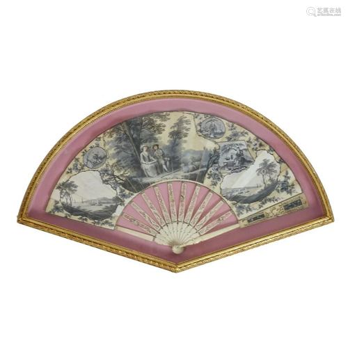 Antique Chinoiserie Folding Fan in Giltwood Frame