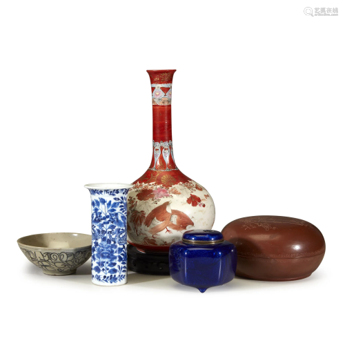 Group of four Asian ceramics and blue enamel ce…