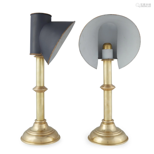 A pair of Regency style brass and tole lamps with