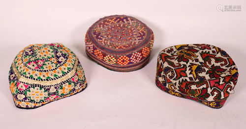 3 Antique Islamic Kufi Hats, Uzbek, Mirror,