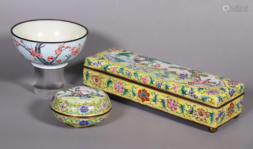 3 Chinese Qing Canton Enamels on Bronze