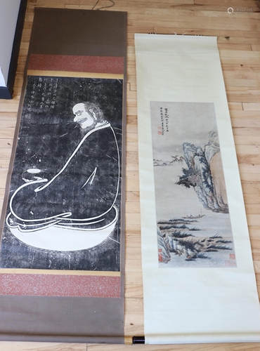 2 Chinese Paintings: Wu Li Viewing Cliff & Rubbing