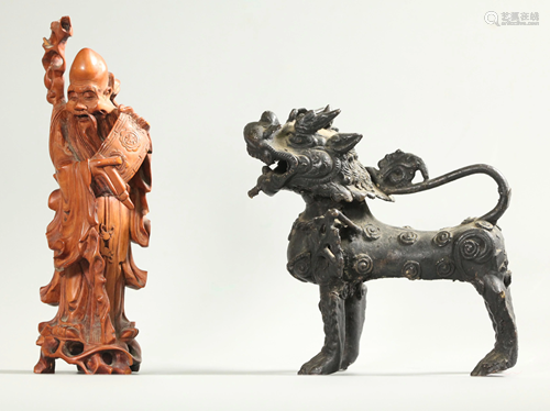 Chinese Boxwood Shouxing; Bronze Temple Lion