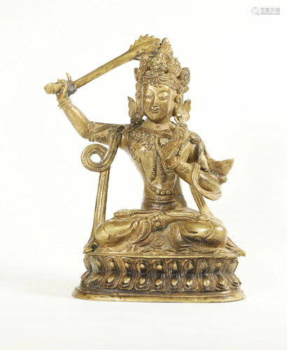 Tibetan Manjushri Bronze Buddha on Lotus Throne